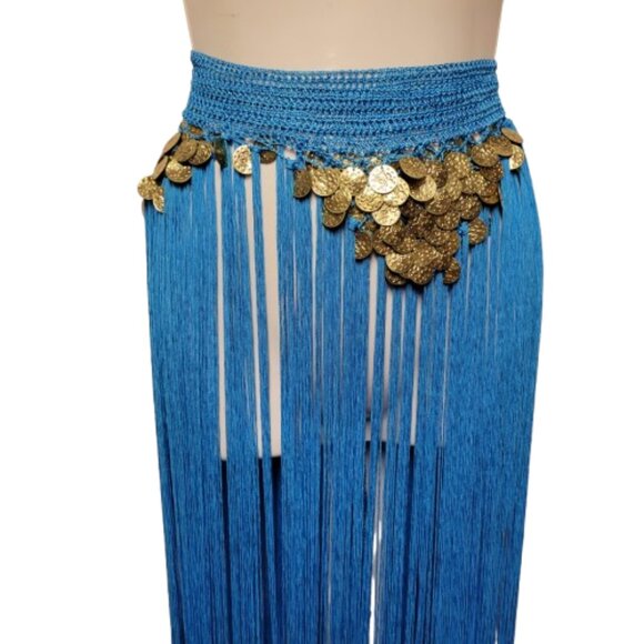 Hip Skirt Belly Dance Tassels Fringe Skirt Bellydance Coins and Fringe Hip Scarf - Picture 2 of 12